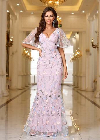 Светло-розовое вечернее платье а-силуэт SHEIN с цветочным принтом