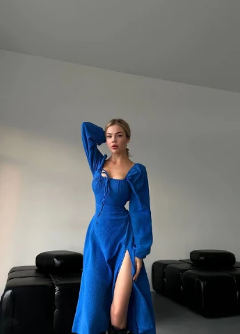 Синее кэжуал платье Fashion однотонное