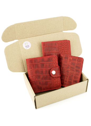 Подарунковий набір №39: Гаманець Софія + обкладинка на паспорт + обкладинка ID паспорт (червоний крокодил) HandyCover однотонні червоні