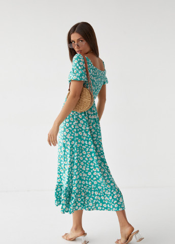 Изумрудное кэжуал длинное платье с эластичной талией и воланом No Brand с цветочным принтом