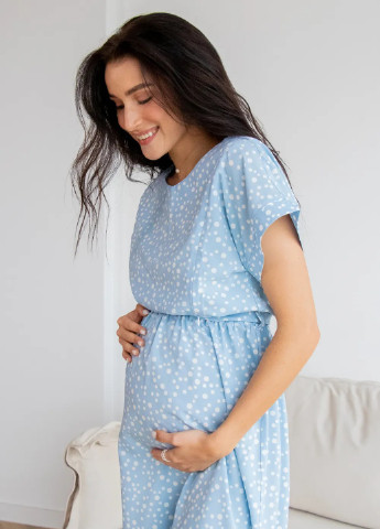 Голубое свободное платье для беременных и кормящих мам голубое легкое в горошек с секретом для кормления To Be в горошек