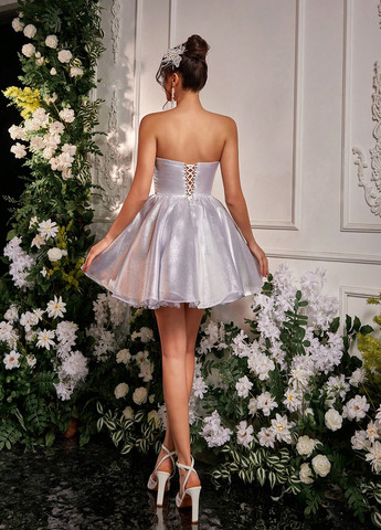 Серебристое праздничный, коктейльное платье с пышной юбкой, с корсетом, бэби долл SHEIN однотонное