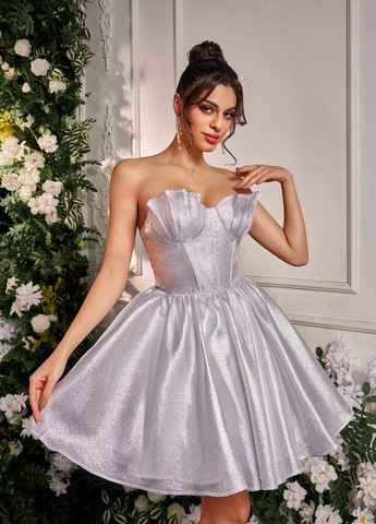 Серебристое праздничный, коктейльное платье с пышной юбкой, с корсетом, бэби долл SHEIN однотонное