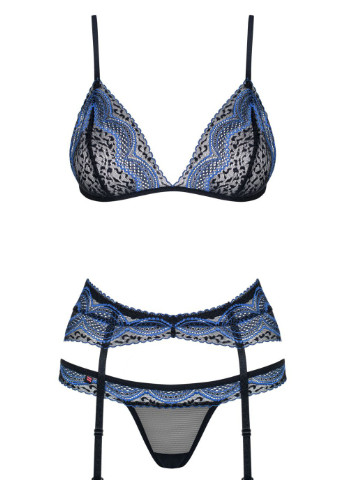 Синій демісезонний комплект білизни (ліф, стрінги, пояс) Obsessive