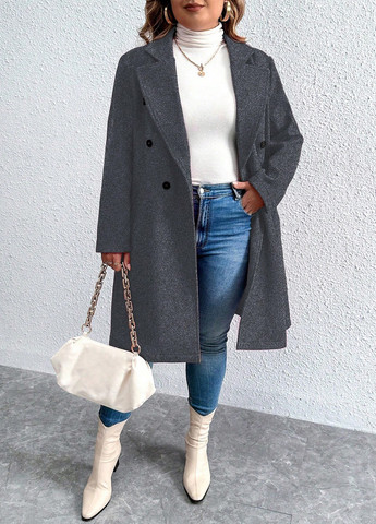 Темно-серое демисезонное Пальто двубортное SHEIN