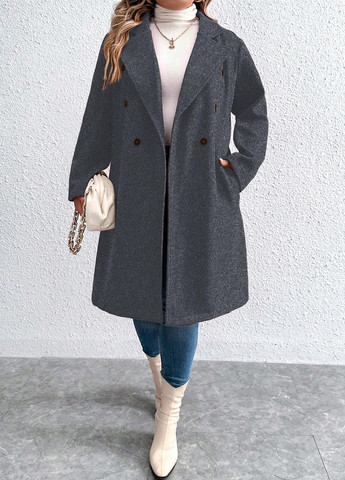 Темно-серое демисезонное Пальто двубортное SHEIN