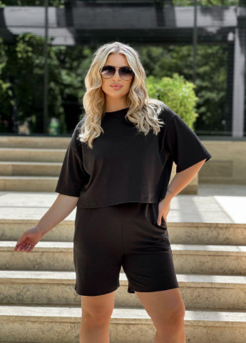 Женский костюм оверсайз шорты и футболка черного цвета размер 2XL/3XL 372822 New Trend (255449187)