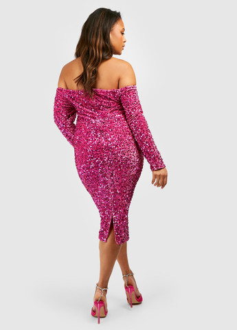 Фиолетовое коктейльное, праздничный, вечернее платье с открытыми плечами Boohoo однотонное