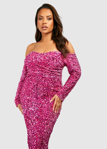 Фиолетовое коктейльное, праздничный, вечернее платье с открытыми плечами Boohoo однотонное