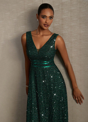 Темно-зелена вечірня сукня в стилі армпір, з відкритими плечима SHEIN однотонна