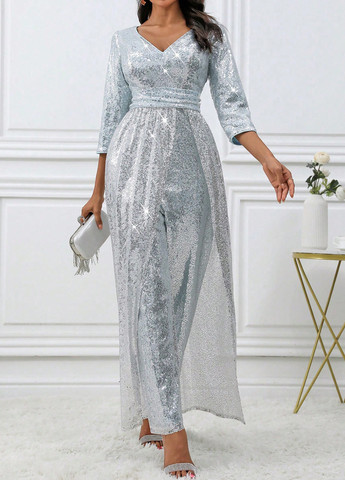 Комбинезон SHEIN комбинезон-брюки однотонный серебряный кэжуал полиэстер