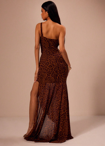 Коричнева святковий, вечірня сукня на одне плече, а-силует SHEIN леопардовий