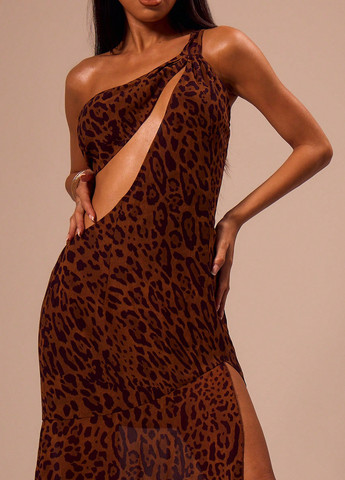 Коричнева святковий, вечірня сукня на одне плече, а-силует SHEIN леопардовий