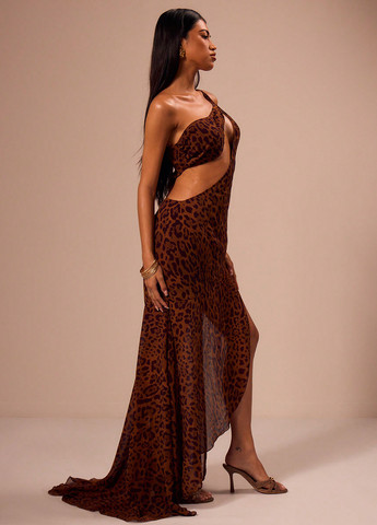Коричнева святковий, вечірня сукня на одне плече, а-силует SHEIN леопардовий