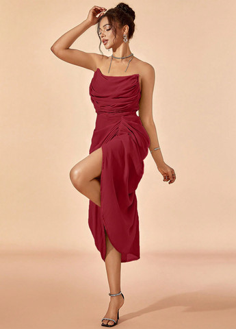 Бордова коктейльна сукня бандо, з відкритою спиною, з корсетом SHEIN однотонна