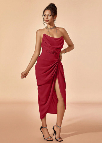 Бордова коктейльна сукня бандо, з відкритою спиною, з корсетом SHEIN однотонна