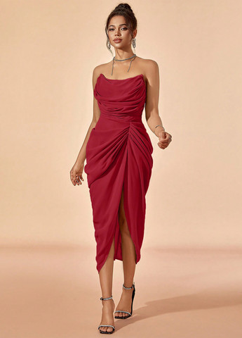 Бордова коктейльна сукня бандо, з відкритою спиною, з корсетом SHEIN однотонна