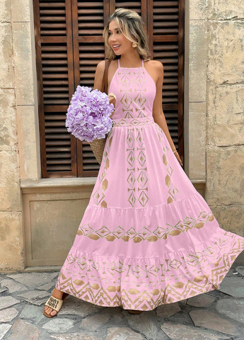 Розовое кэжуал платье с открытой спиной SHEIN с орнаментом