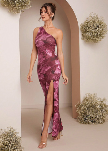 Комбинированное кэжуал, вечернее платье на одно плечо, силуэтная, с открытой спиной SHEIN с рисунком