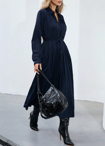 Темно-синя кежуал сукня плісована, а-силует SHEIN однотонна