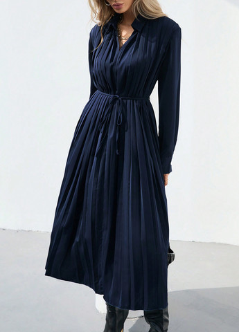 Темно-синя кежуал сукня плісована, а-силует SHEIN однотонна