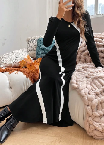 Черное кэжуал платье а-силуэт SHEIN в полоску