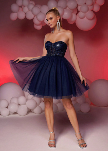 Темно-синя коктейльна сукня силуетна, з пишною спідницею, пачка, з відкритими плечима, з відкритою спиною SHEIN однотонна