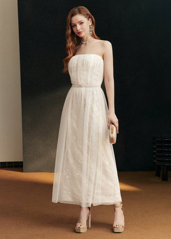 Кремова святковий, вечірня, ділова сукня з відкритою спиною, а-силует SHEIN однотонна