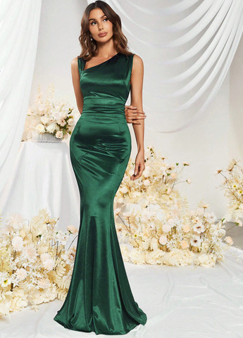 Темно-зелена вечірня сукня годе SHEIN однотонна