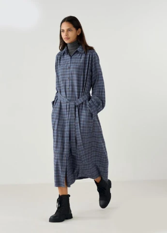 Синее кэжуал платье рубашка Uniqlo в клетку