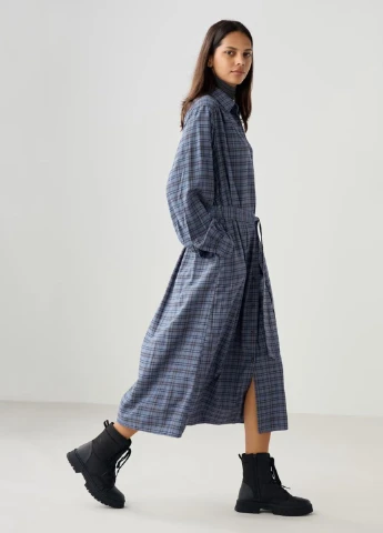 Синее кэжуал платье рубашка Uniqlo в клетку