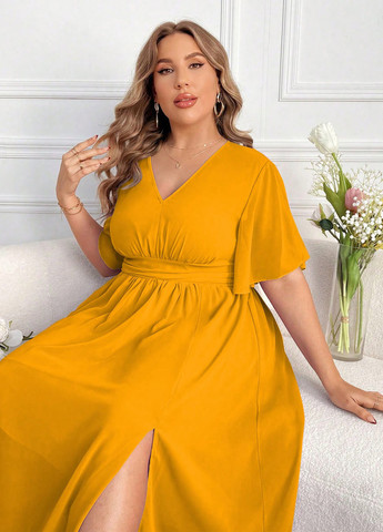 Горчичное праздничный, кэжуал платье клеш SHEIN однотонное