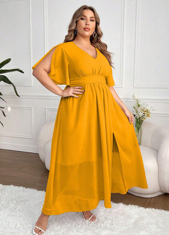 Горчичное праздничный, кэжуал платье клеш SHEIN однотонное