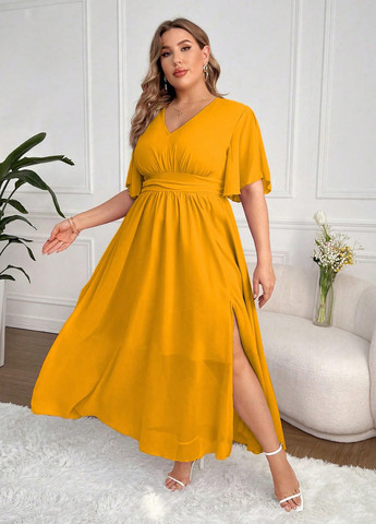 Горчичное праздничный, кэжуал платье клеш SHEIN однотонное