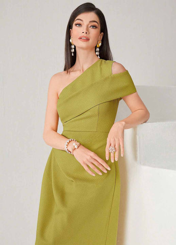 Фісташкова вечірня, кежуал сукня на одне плече SHEIN однотонна