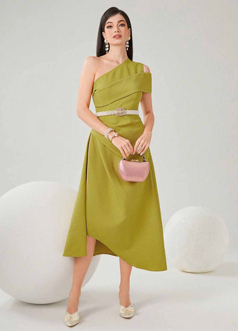 Фісташкова вечірня, кежуал сукня на одне плече SHEIN однотонна