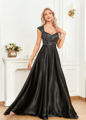 Черное вечернее, праздничный платье клеш SHEIN однотонное