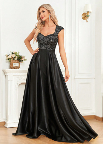 Черное вечернее, праздничный платье клеш SHEIN однотонное