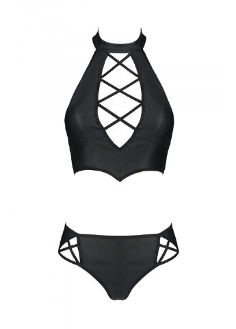 Комплект з еко-шкіри Nancy Bikini black L/XL -, бра та трусики з імітацією шнурівки Passion (254046123)