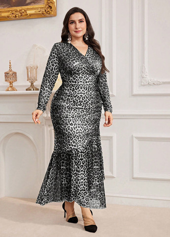 Чорно-білий коктейльна сукня SHEIN леопардовий