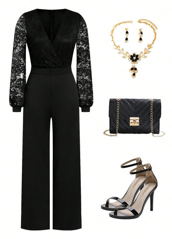 Комбінезон SHEIN комбінезон-брюки однотонний чорний вечірній поліестер