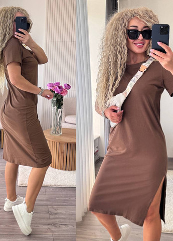 Коричневое кэжуал платье платье-футболка No Brand однотонное