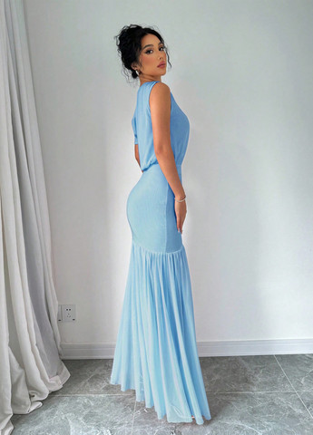 Світло-блакитна вечірня сукня на одне плече, кльош SHEIN однотонна