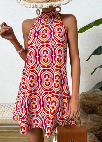 Красное кэжуал платье клеш, а-силуэт SHEIN с абстрактным узором