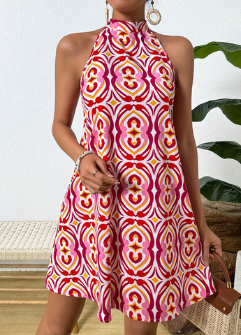 Красное кэжуал платье клеш, а-силуэт SHEIN с абстрактным узором