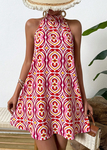 Красное кэжуал платье клеш, а-силуэт SHEIN с абстрактным узором