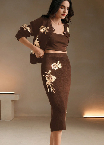 Коричневая кэжуал цветочной расцветки юбка SHEIN карандаш