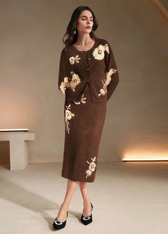 Коричневая кэжуал цветочной расцветки юбка SHEIN карандаш