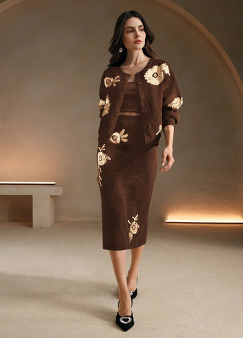 Коричневая кэжуал цветочной расцветки юбка SHEIN карандаш