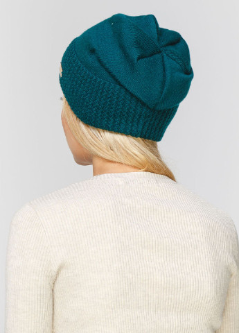 Теплая зимняя шерстяная женская шапка с отворотом на флисовой подкладке 550409 DeMari 77 Ненси бини однотонная зелёная кэжуал шерсть